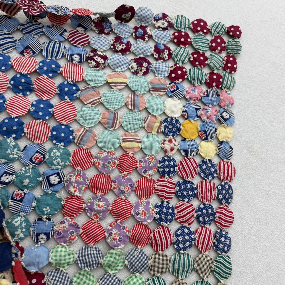 Handmade Vtg Yo-Yo Quilt Topper Throw Multi-Color Patchwork 72x34 Floral Boho - Picture 7 of 8